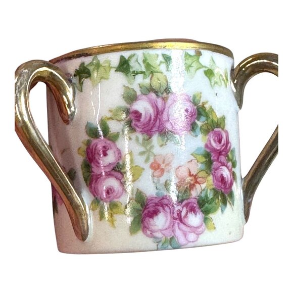 Vintage Double Handle Floral Porcelain Cup Roses Gold Trim Three Handle Tyg Mug - Picture 7 of 7